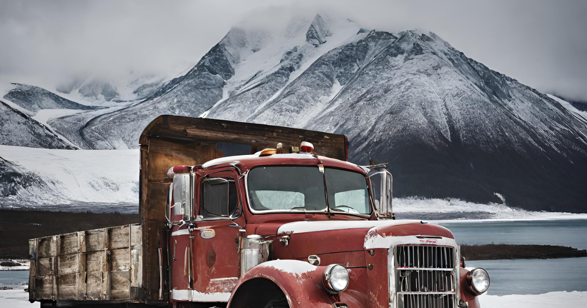 Truck in Alaska with snowy mountains