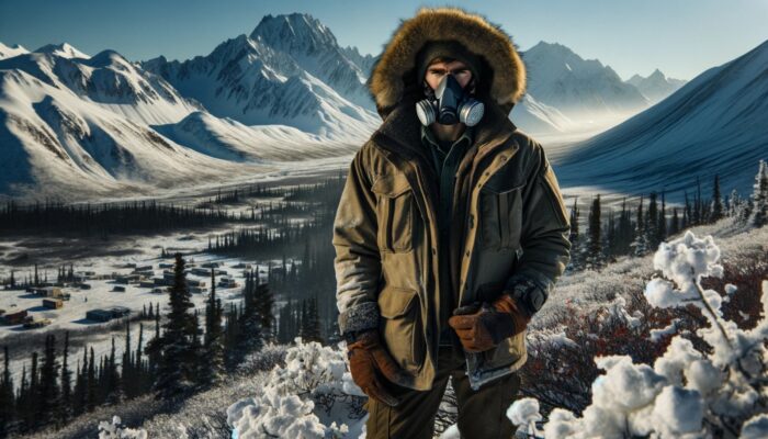 A person wearing a respirator in the Alaskan winter